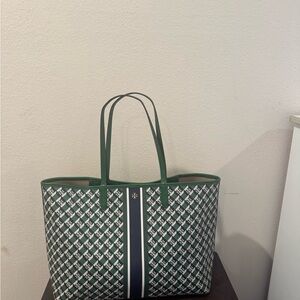 Tory Burch Geometric Coated Canvas Green,White and dark blue Tote